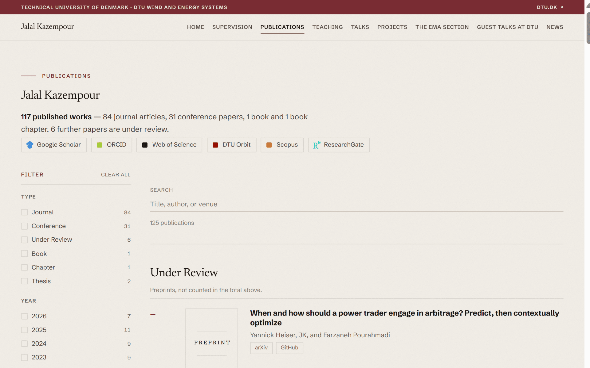 The publications page with its filters and derived counts