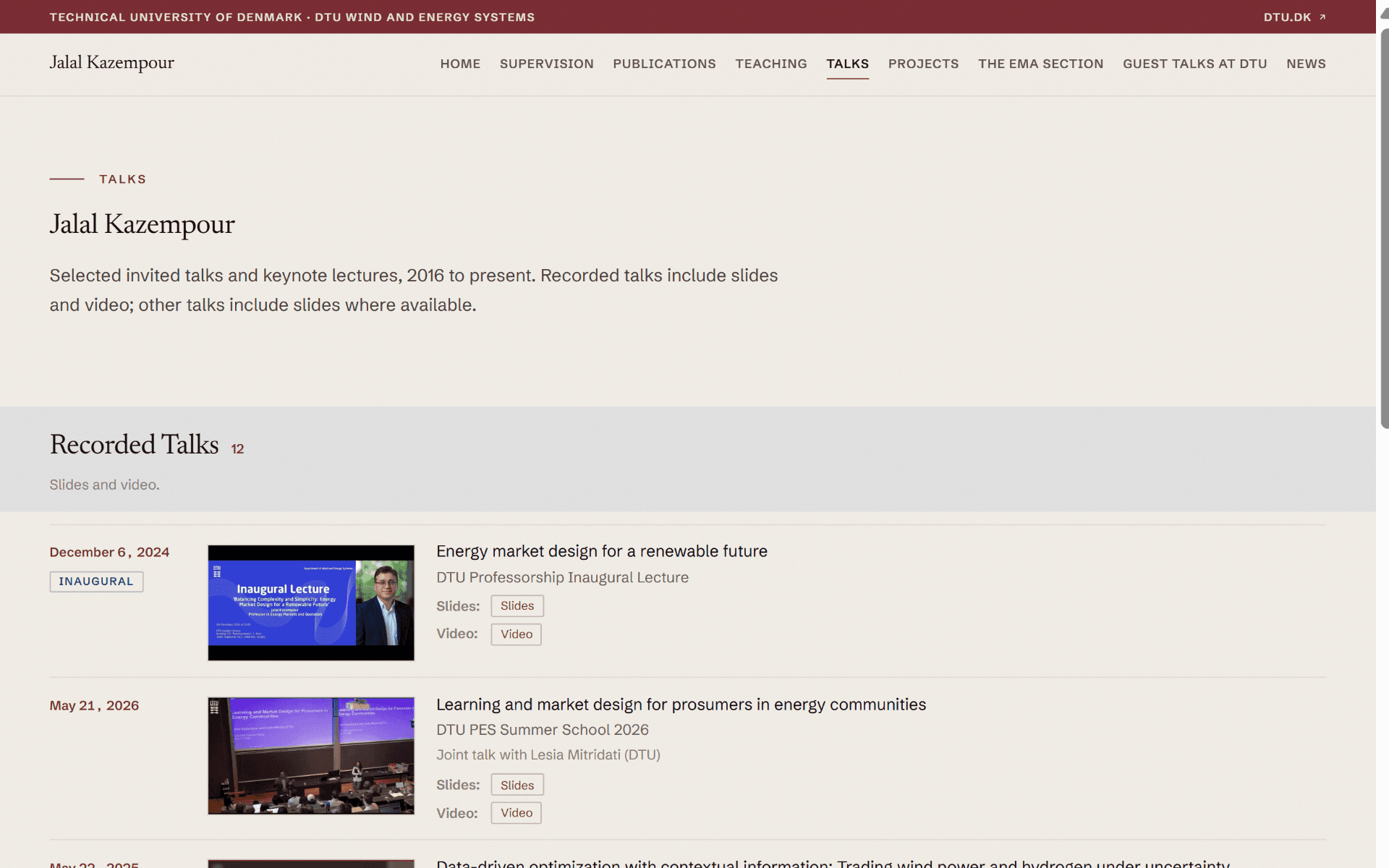 The talks page listing recorded lectures